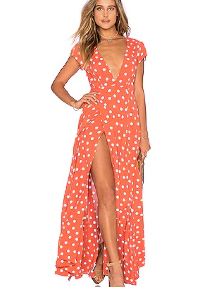 Tularosa Coral Polka Dot Maxi Dress With Deep V And High Slit